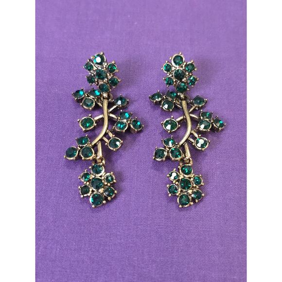 Green Rhinestone Crystal Flower Chandelier Dangle Earrings Antiqued Gold Tone - Picture 1 of 8